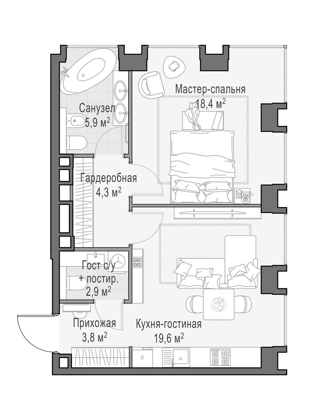 Планировка: Однокомнатная квартира 55 м² в «Life Time»