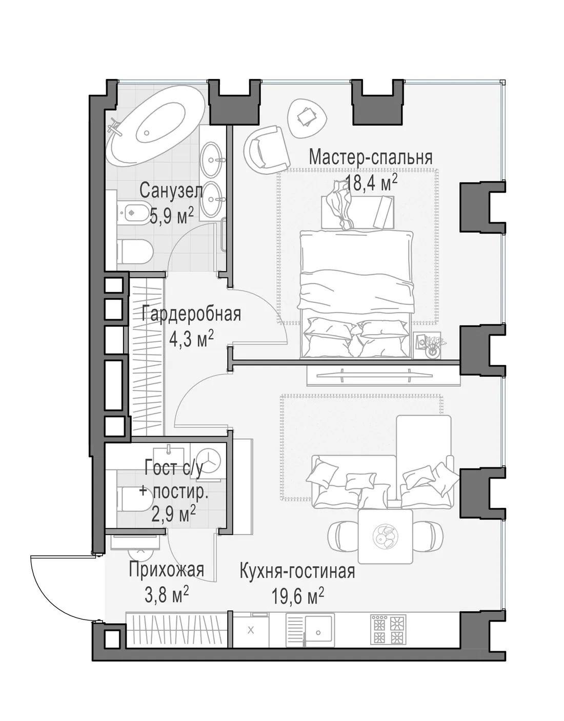 Планировка: Однокомнатная квартира 55 м² в «Life Time»
