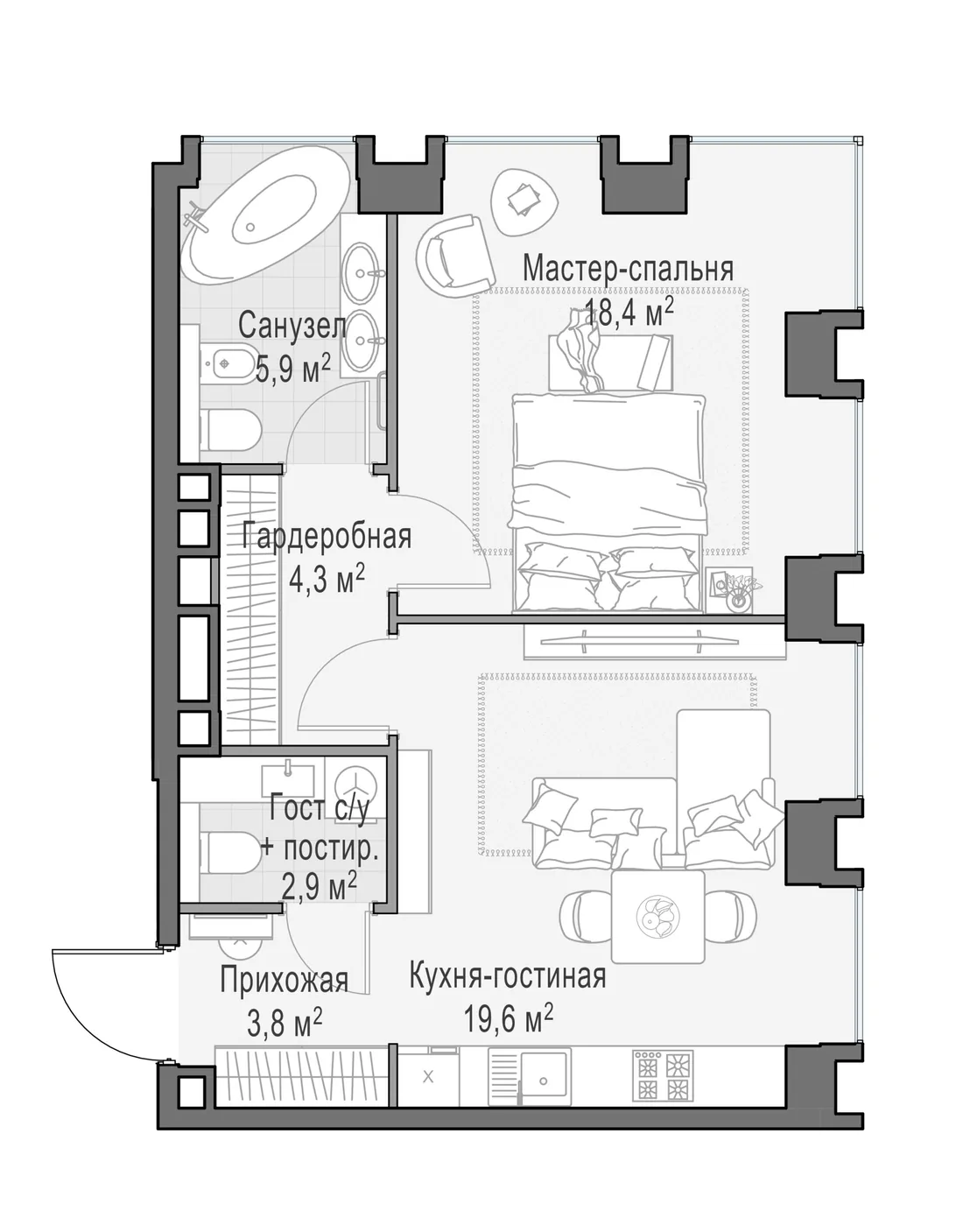 Планировка: Однокомнатная квартира 55 м² в «Life Time»