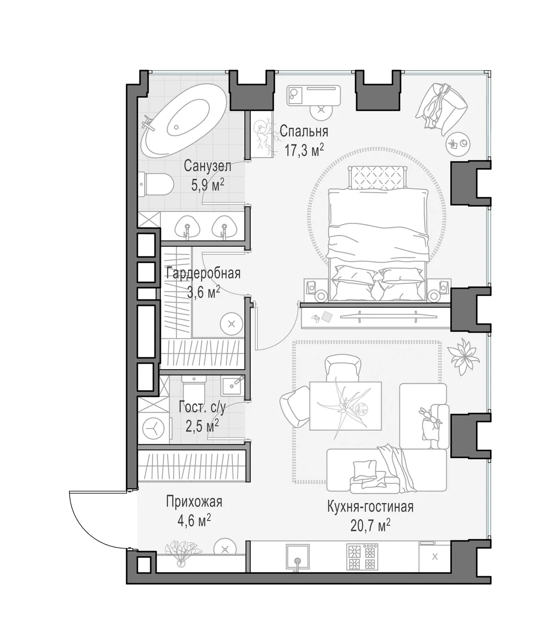 Планировка: Однокомнатная квартира 55 м² в «Life Time»