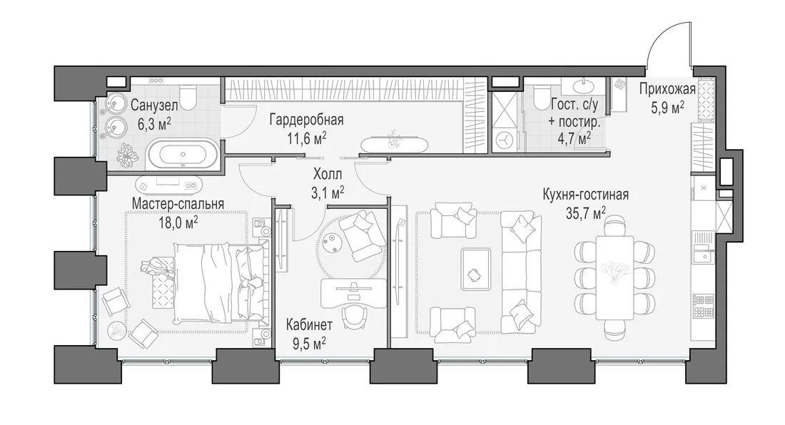 Планировка: Двухкомнатная квартира 95 м² в «Life Time»