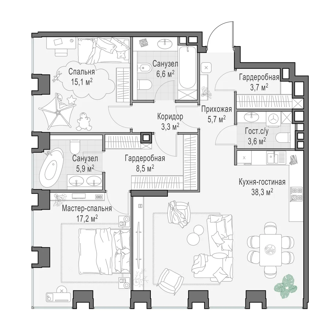 Планировка: Трёхкомнатная квартира 108 м² в «Life Time»