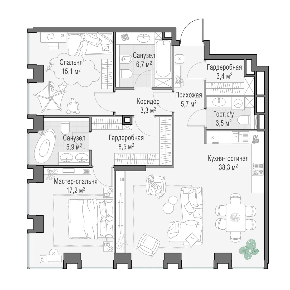 Планировка: Трёхкомнатная квартира 108 м² в «Life Time»
