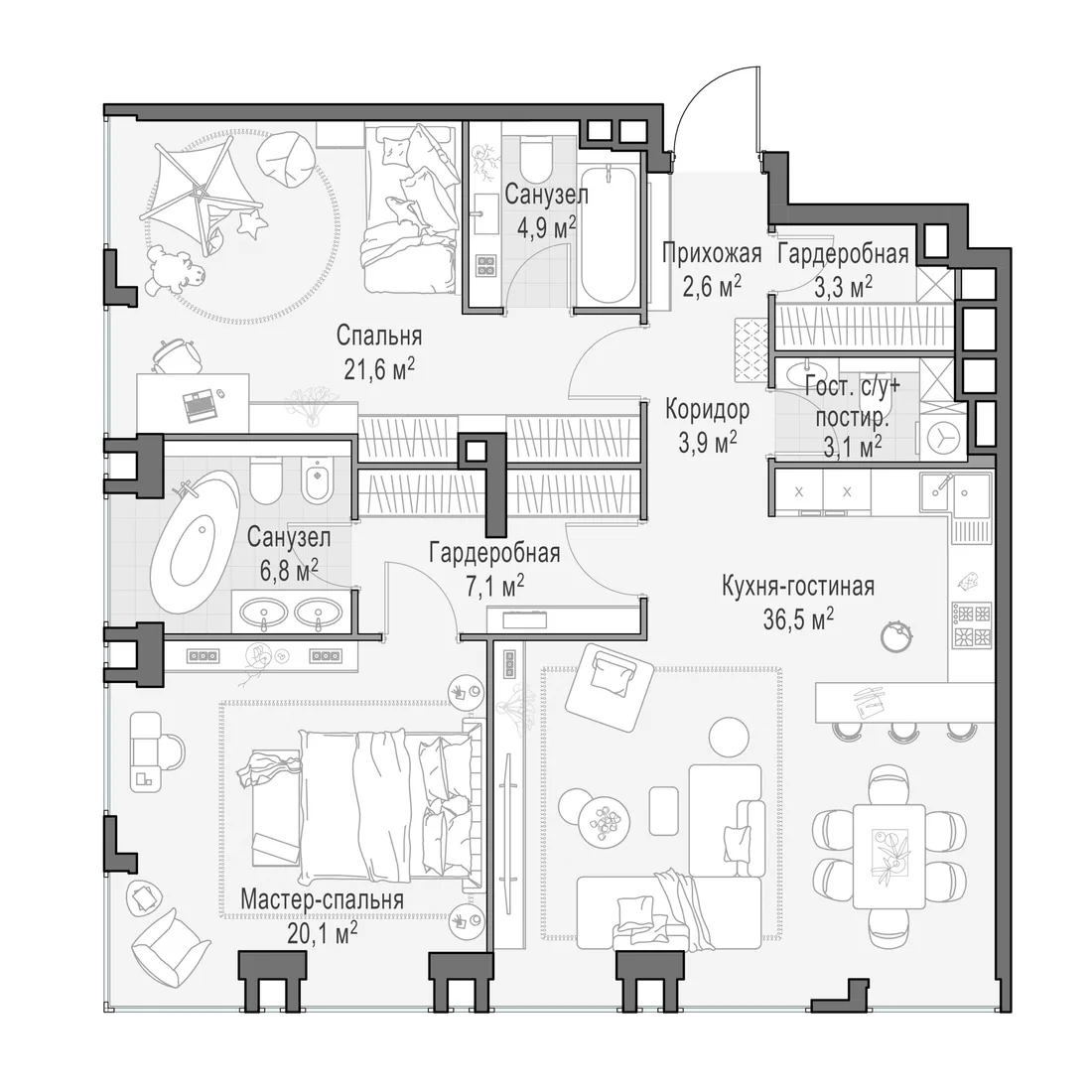 Планировка: Трёхкомнатная квартира 109 м² в «Life Time»