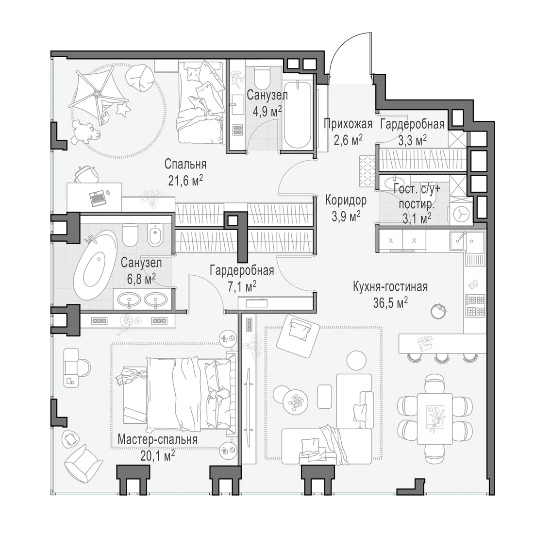 Планировка: Трёхкомнатная квартира 109 м² в «Life Time»