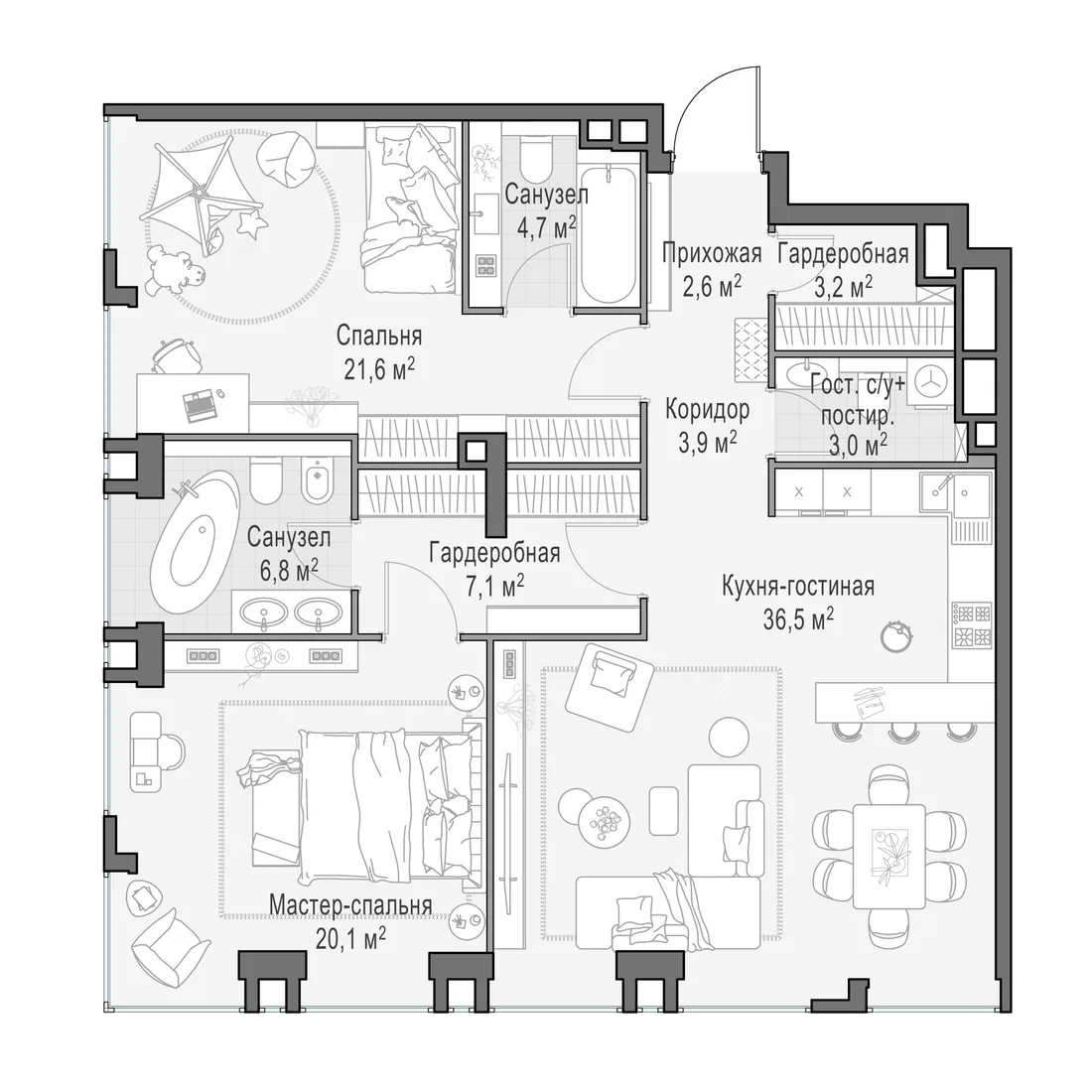 Планировка: Трёхкомнатная квартира 109 м² в «Life Time»