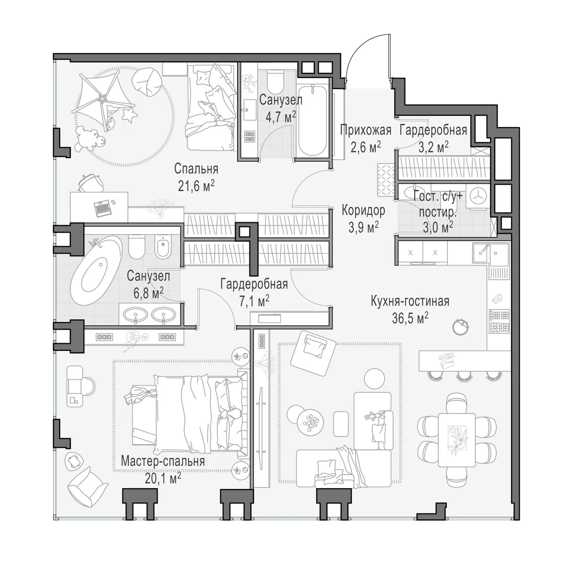 Планировка: Трёхкомнатная квартира 109 м² в «Life Time»