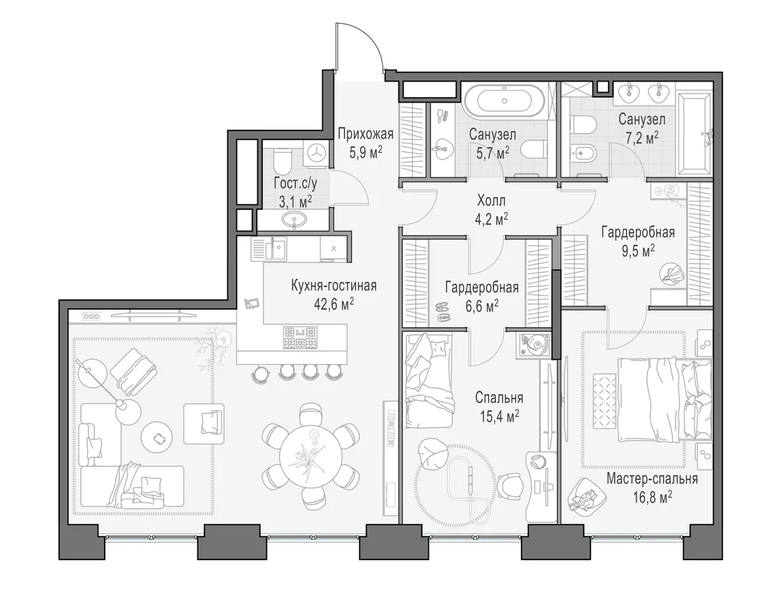 Планировка: Трёхкомнатная квартира 118 м² в «Life Time»