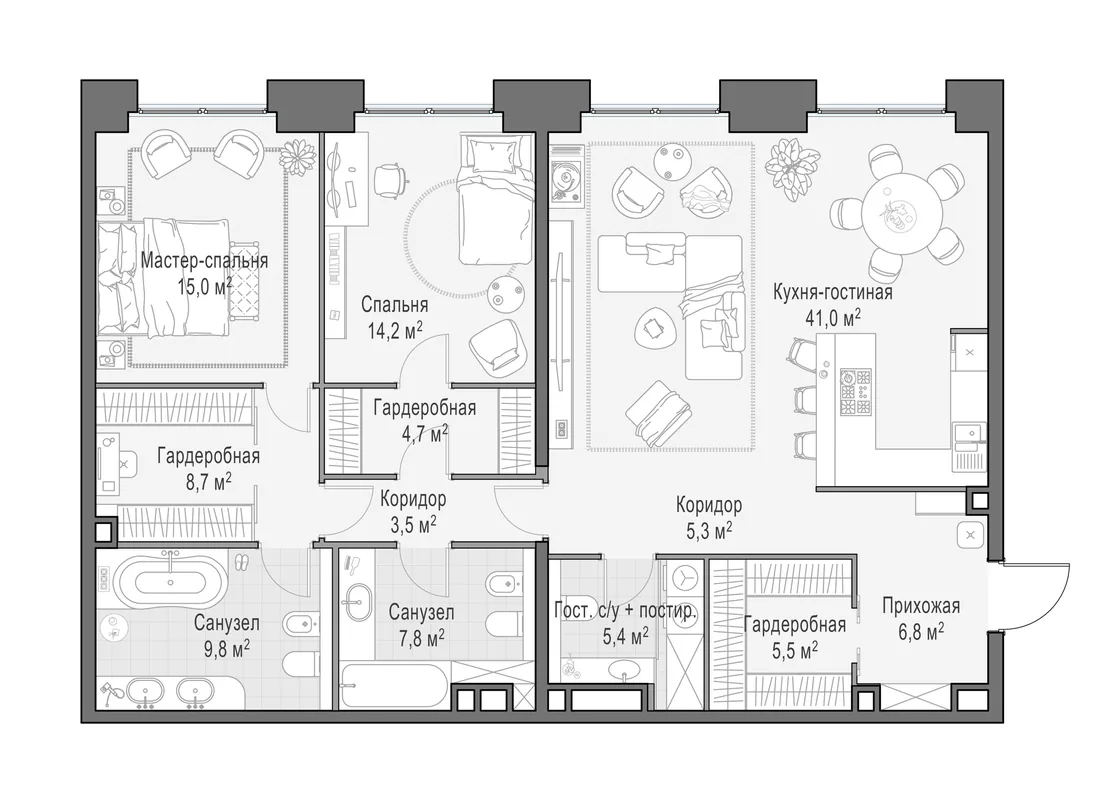 Планировка: Трёхкомнатная квартира 127 м² в «Life Time»