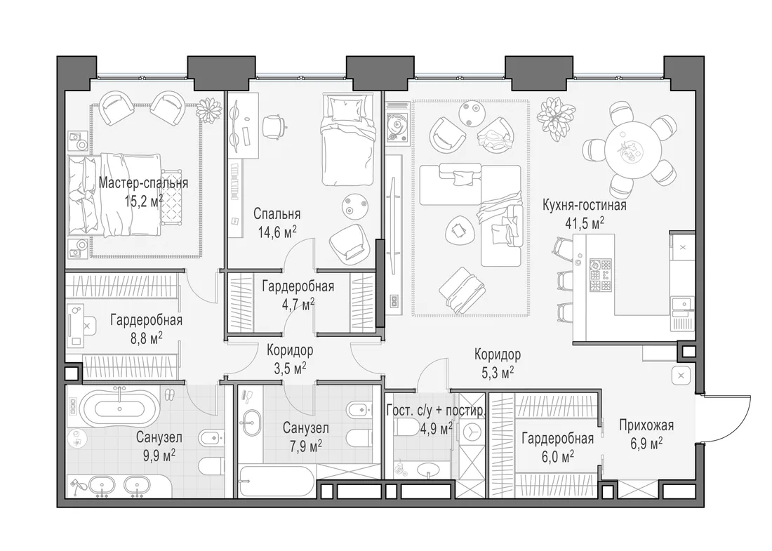 Планировка: Трёхкомнатная квартира 128 м² в «Life Time»