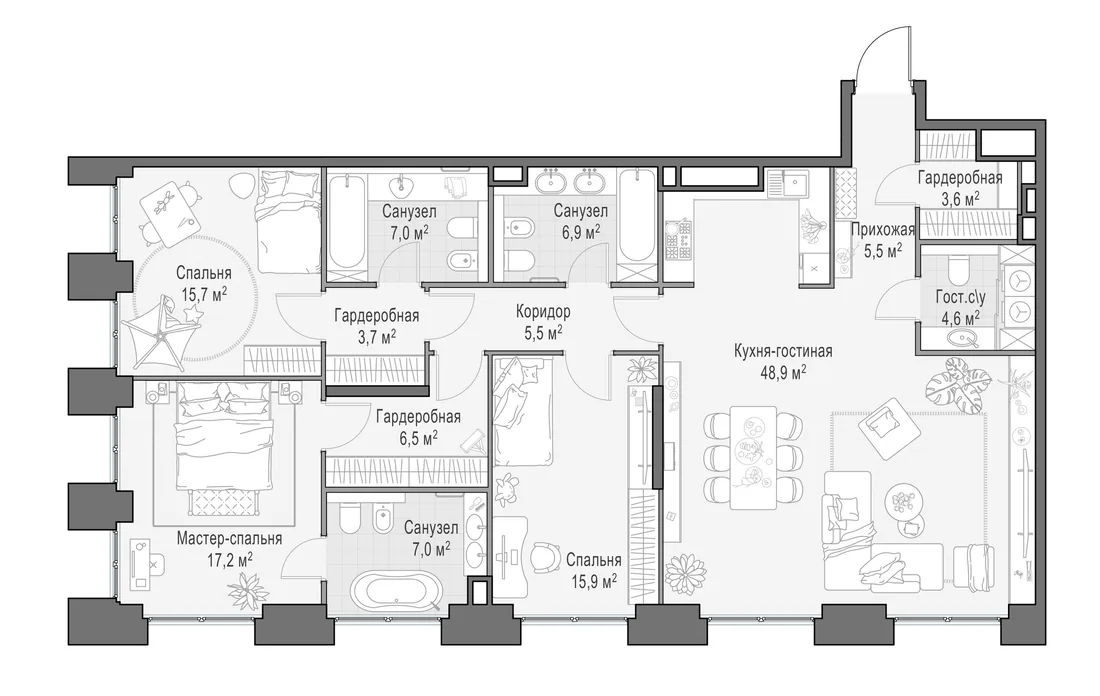 Планировка: Четырёхкомнатная квартира 148 м² в «Life Time»