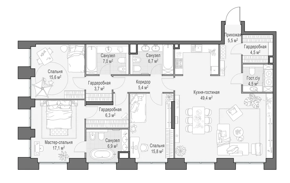 Планировка: Четырёхкомнатная квартира 149 м² в «Life Time»