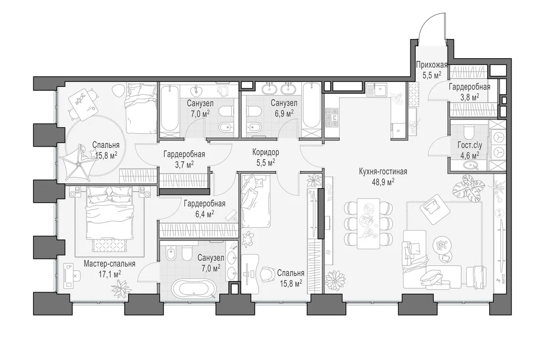 Планировка: Четырёхкомнатная квартира 149 м² в «Life Time»