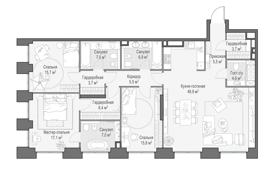 Планировка: Четырёхкомнатная квартира 149 м² в «Life Time»