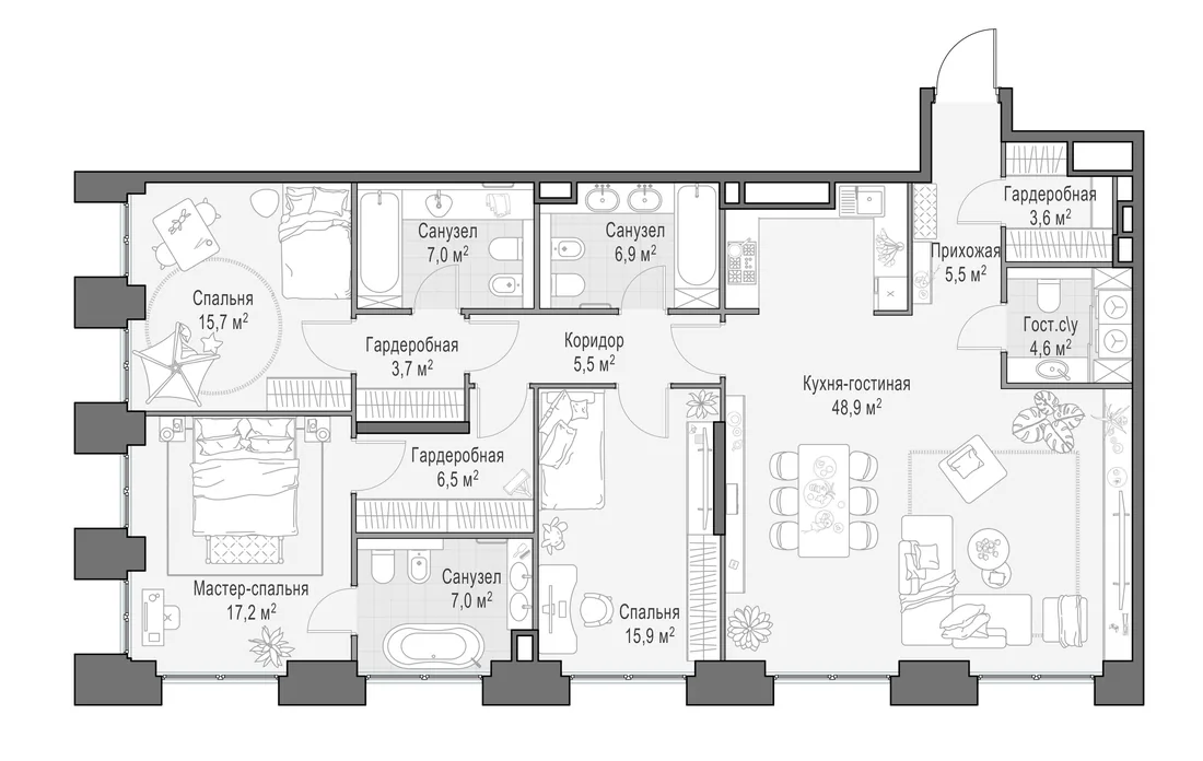 Планировка: Четырёхкомнатная квартира 149 м² в «Life Time»