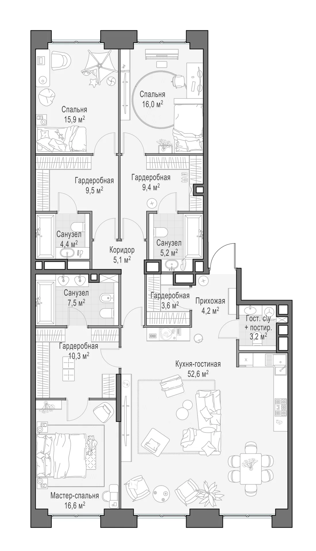 Планировка: Четырёхкомнатная квартира 163 м² в «Life Time»