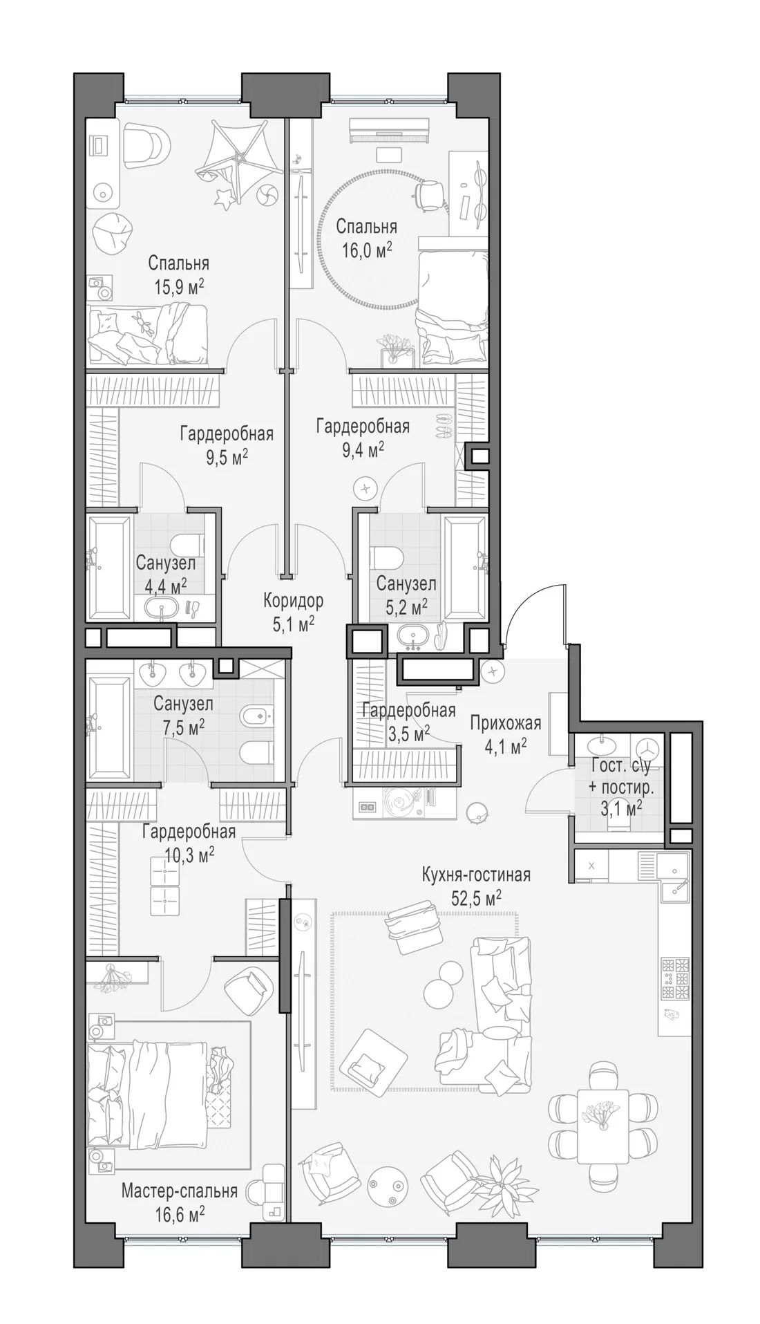 Планировка: Четырёхкомнатная квартира 163 м² в «Life Time»