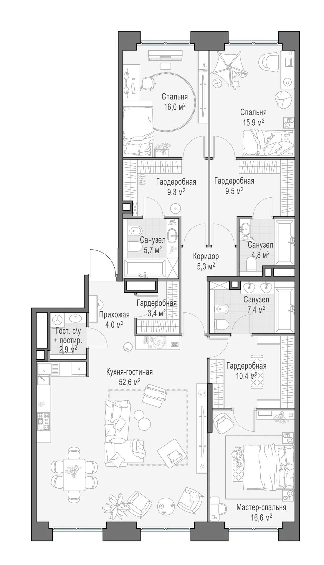 Планировка: Четырёхкомнатная квартира 163 м² в «Life Time»