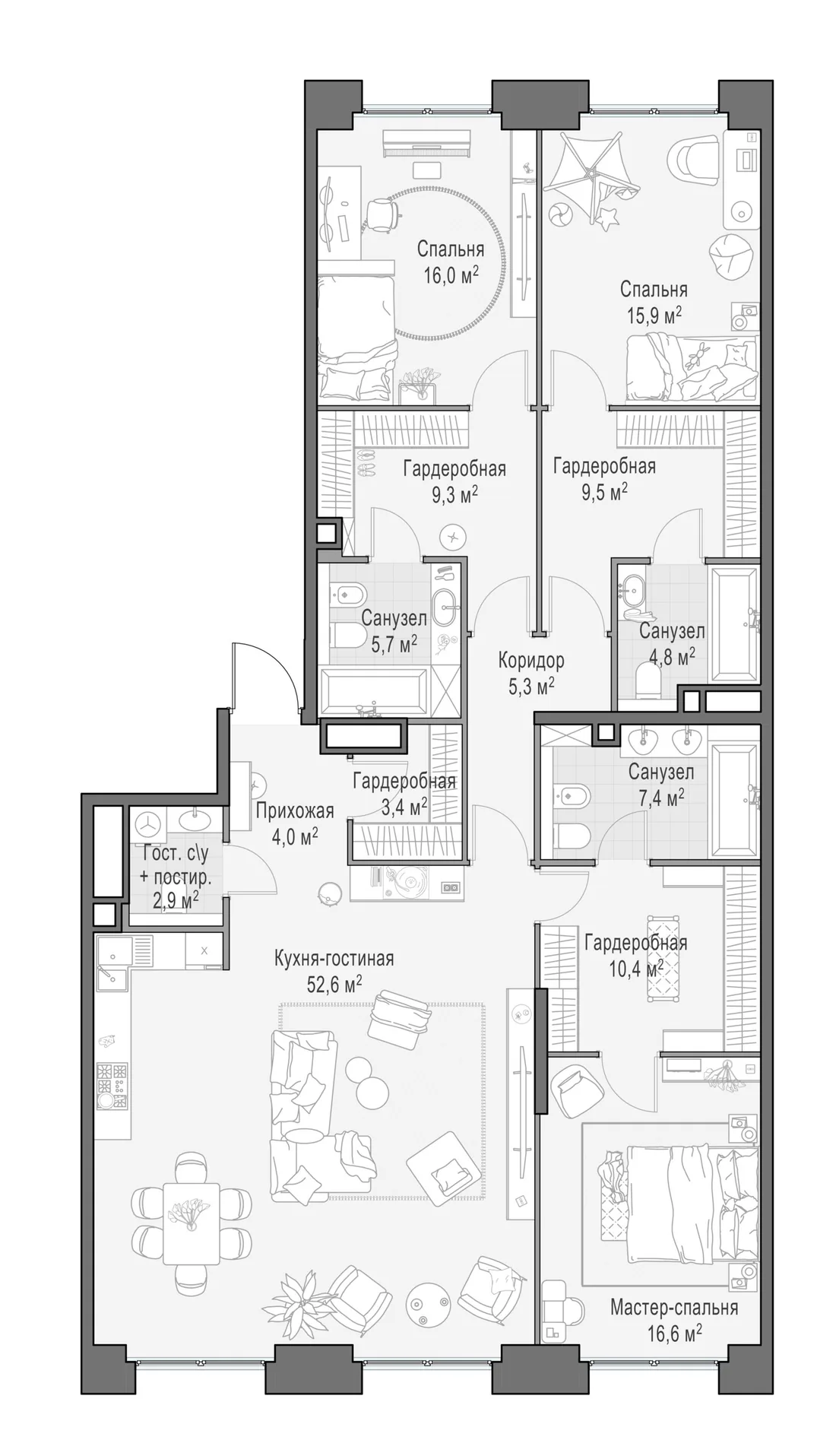 Планировка: Четырёхкомнатная квартира 164 м² в «Life Time»