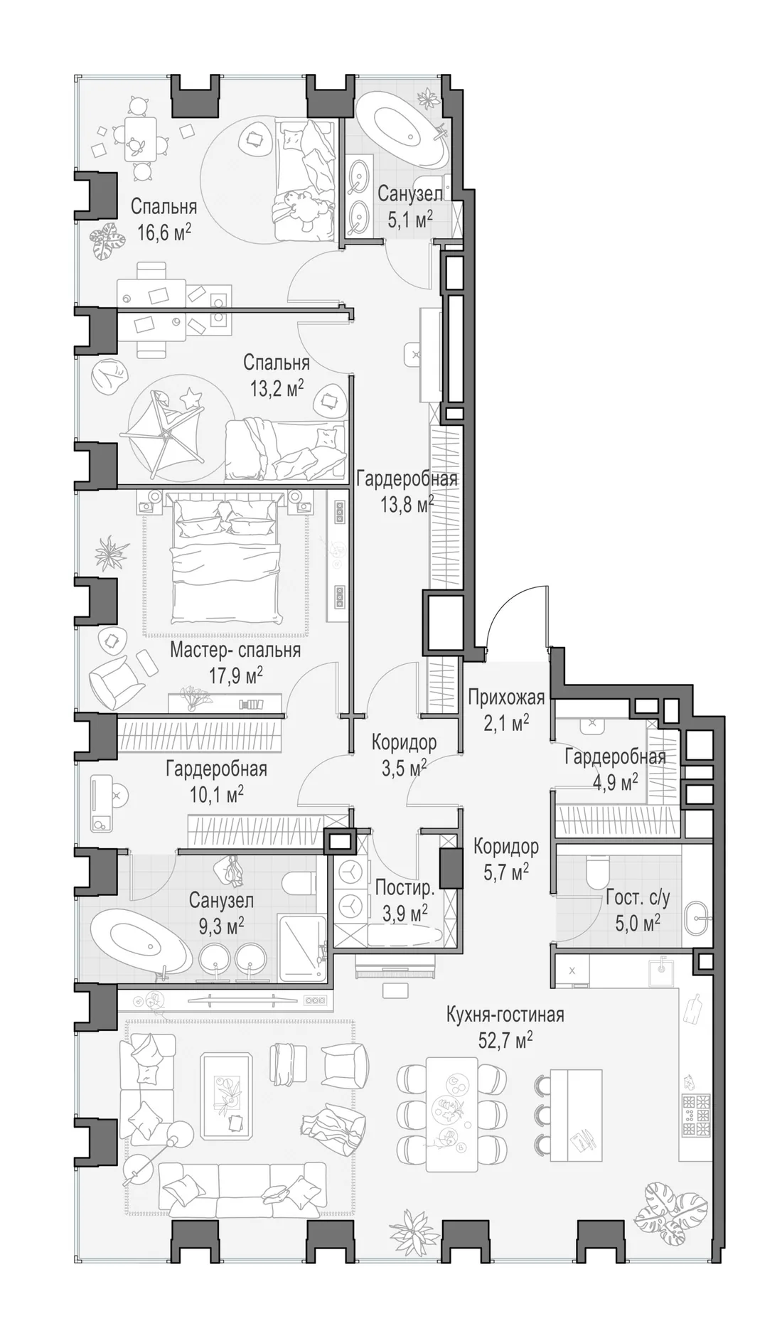 Планировка: Четырёхкомнатная квартира 165 м² в «Life Time»
