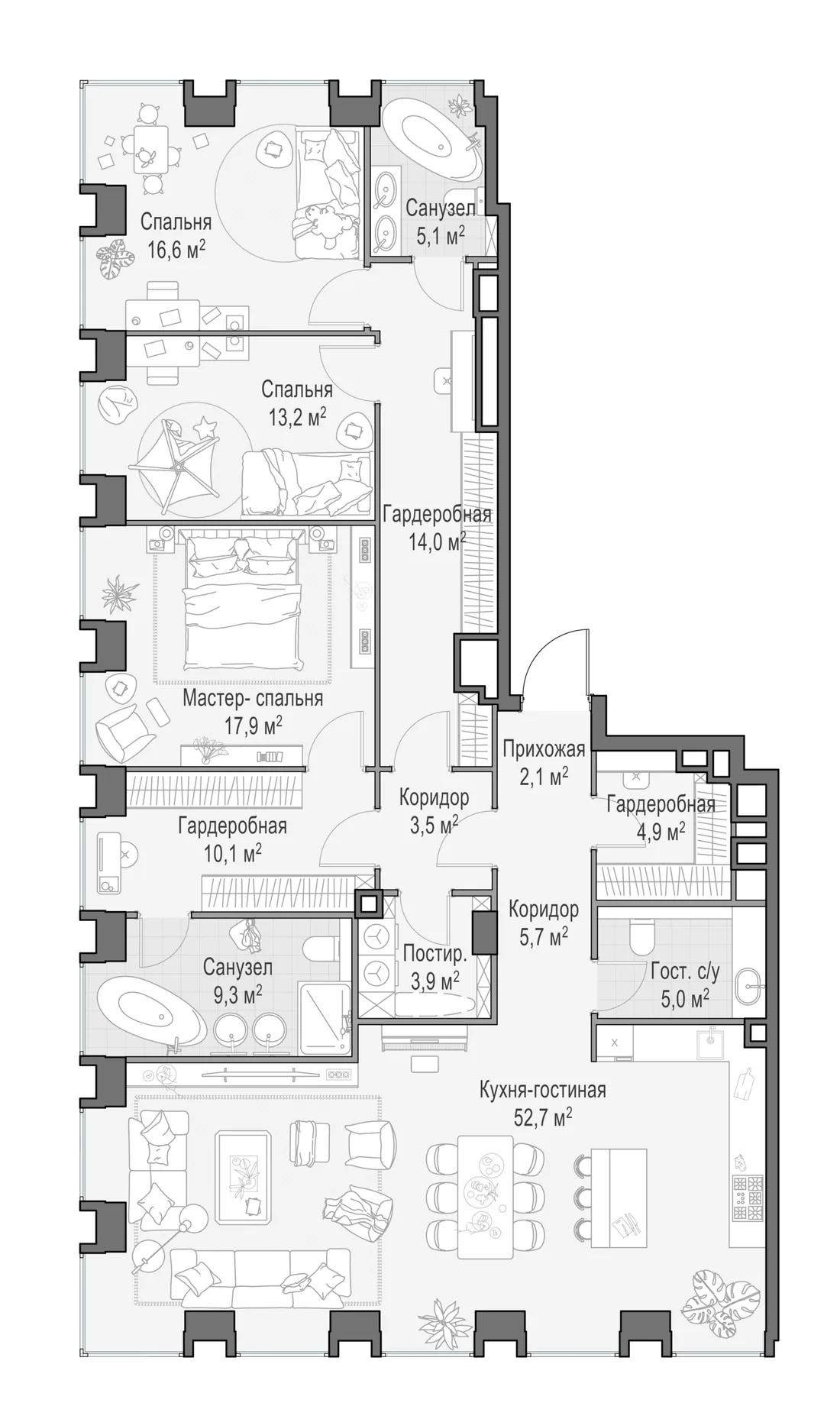 Планировка: Четырёхкомнатная квартира 165 м² в «Life Time»