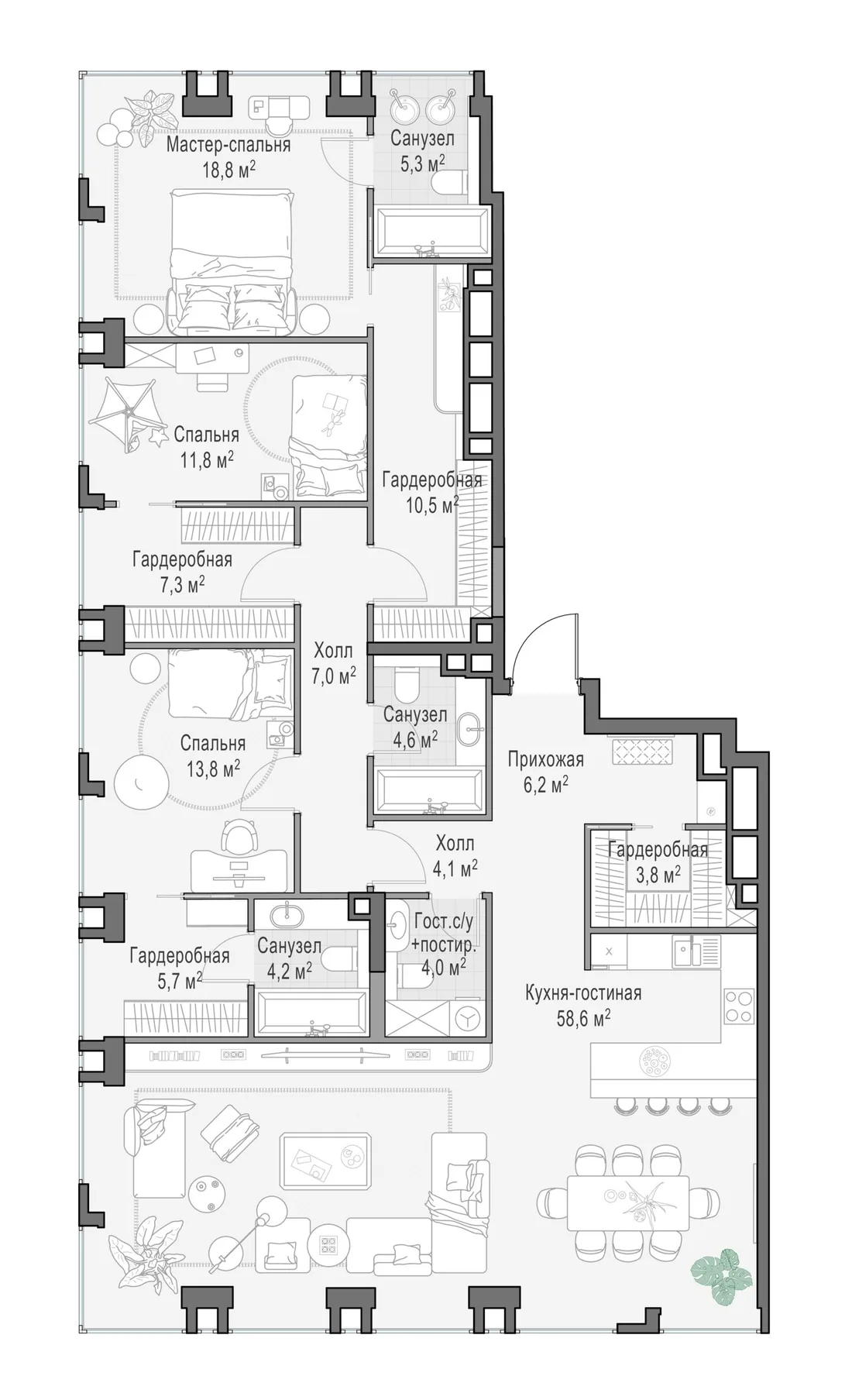 Планировка: Четырёхкомнатная квартира 165 м² в «Life Time»