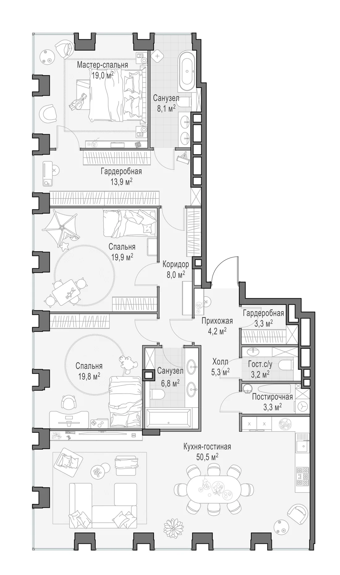 Планировка: Четырёхкомнатная квартира 165 м² в «Life Time»