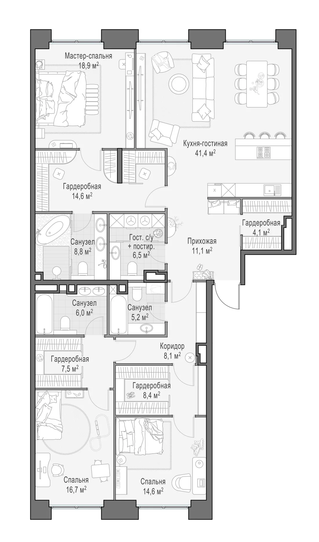 Планировка: Четырёхкомнатная квартира 172 м² в «Life Time»