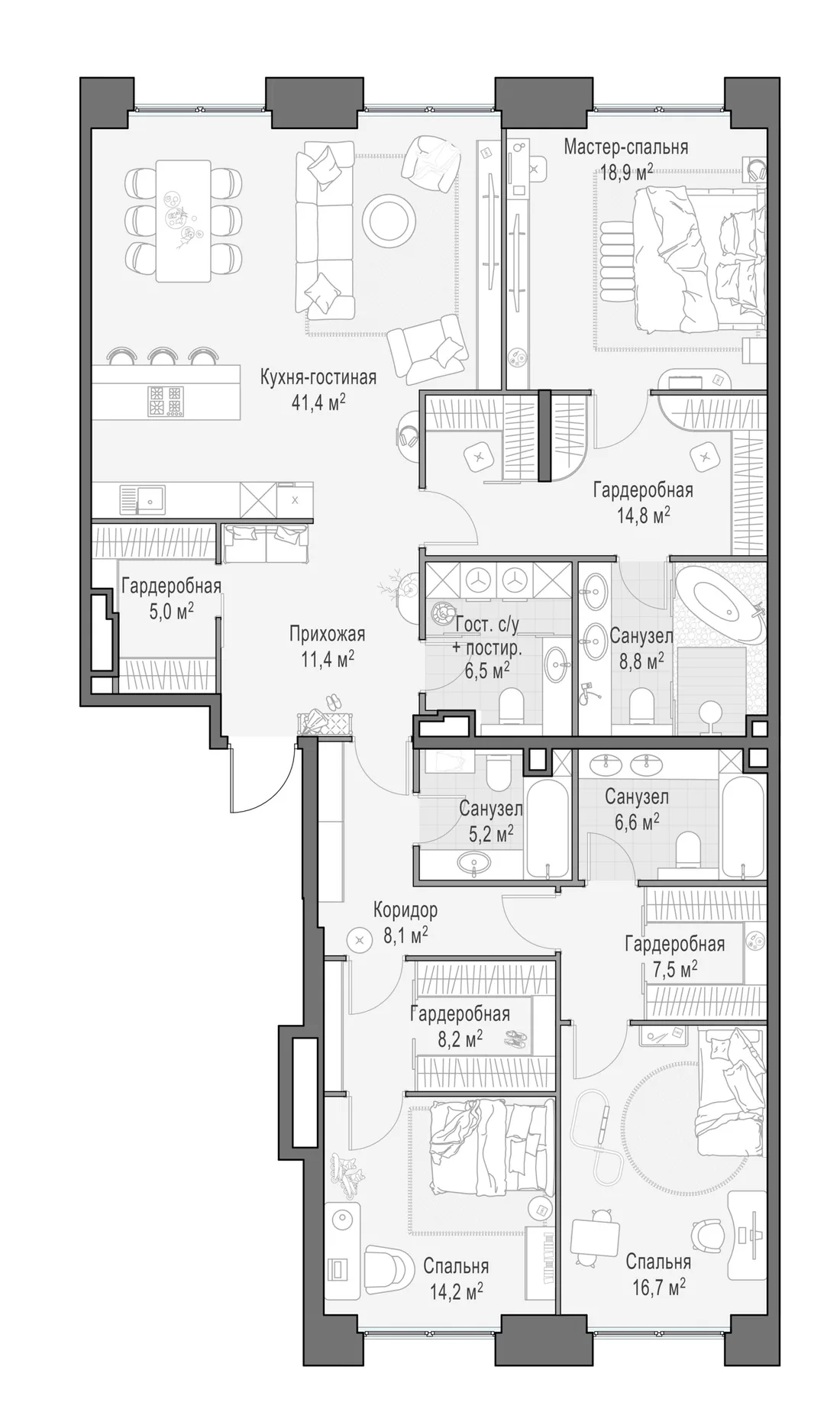 Планировка: Четырёхкомнатная квартира 173 м² в «Life Time»