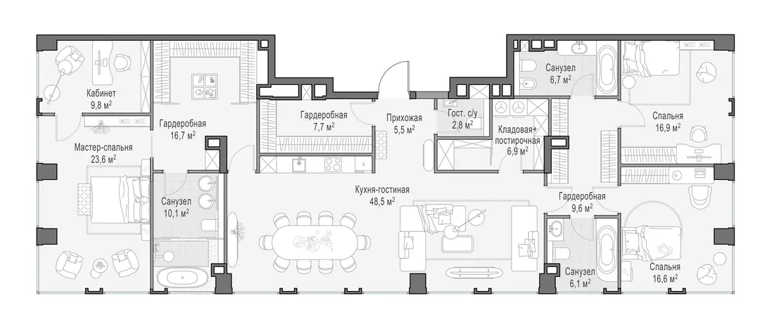 Планировка: Четырёхкомнатная квартира 186 м² в «Life Time»