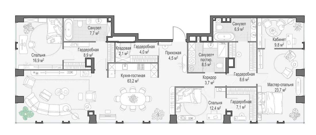 Планировка: Четырёхкомнатная квартира 187 м² в «Life Time»