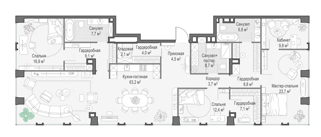 Планировка: Четырёхкомнатная квартира 188 м² в «Life Time»