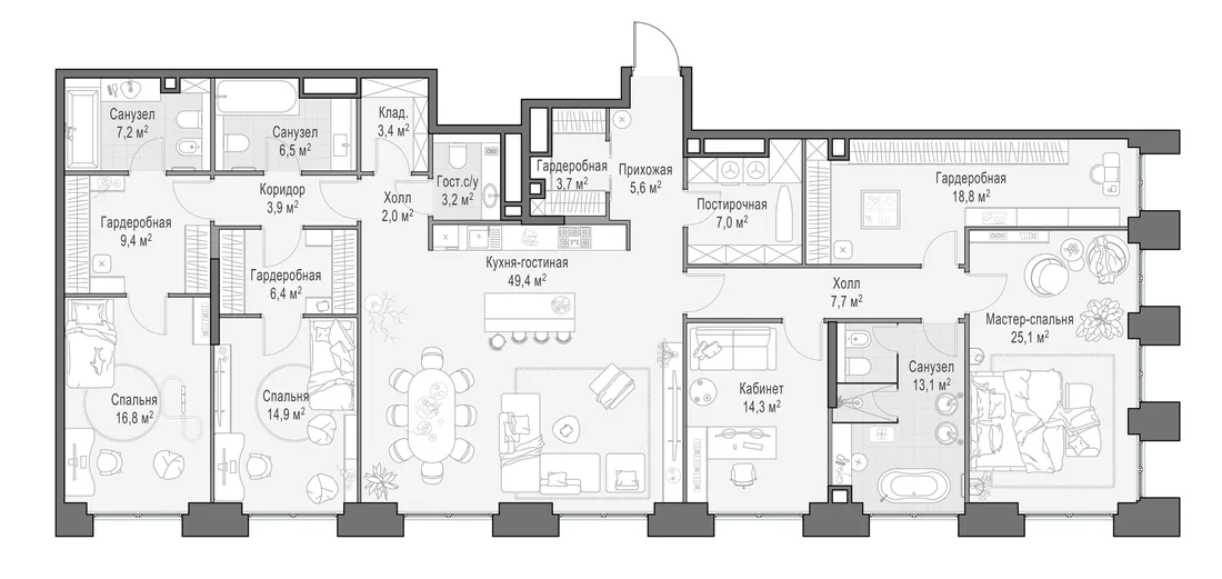 Планировка: Пятикомнатная квартира 218 м² в «Life Time»