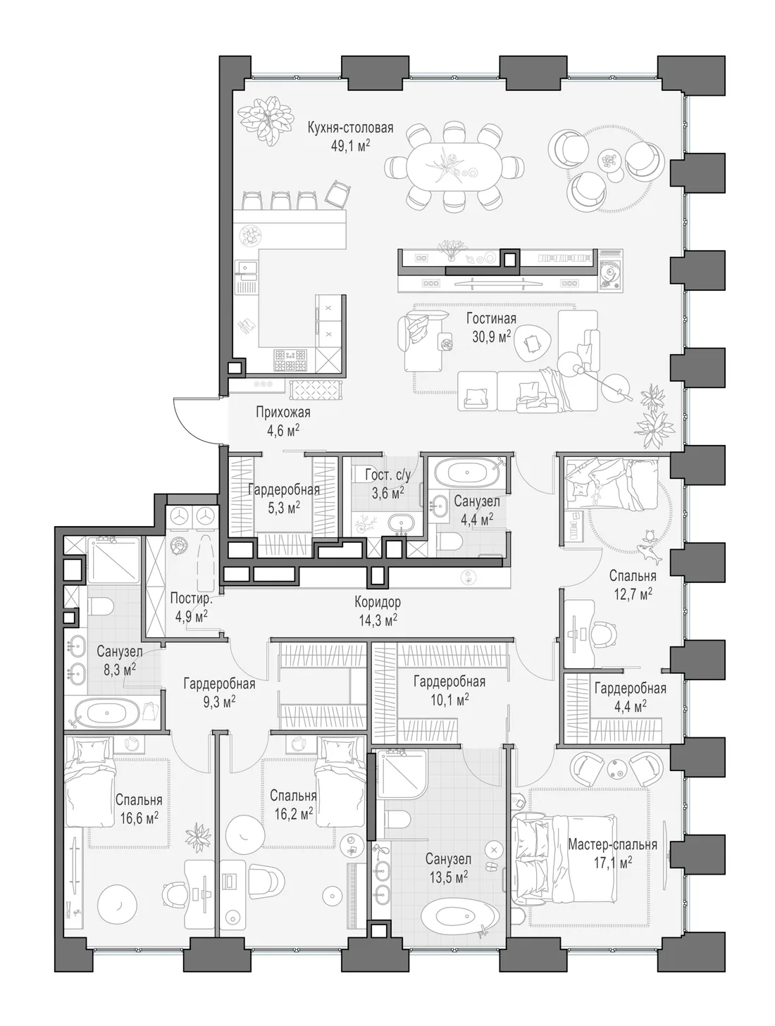 Планировка: Пятикомнатная квартира 226 м² в «Life Time»