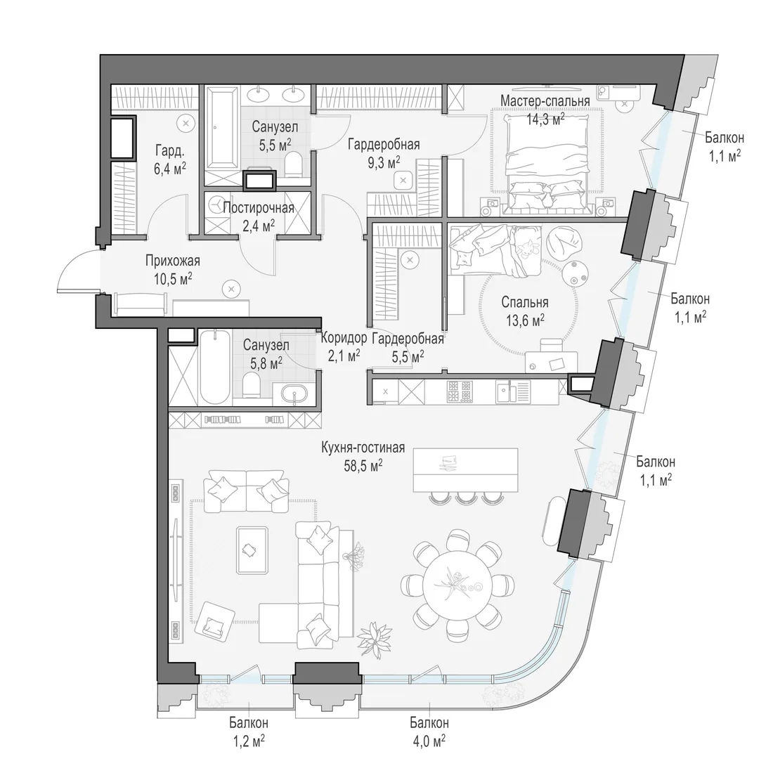 Планировка: Квартира 135 м² в «Тишинский бульвар»