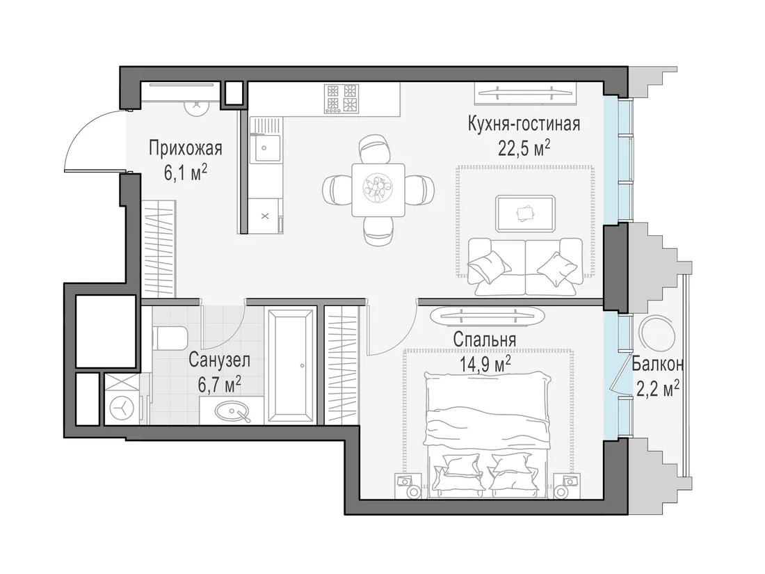 Планировка: Однокомнатная квартира 51 м² в «Тишинский бульвар»