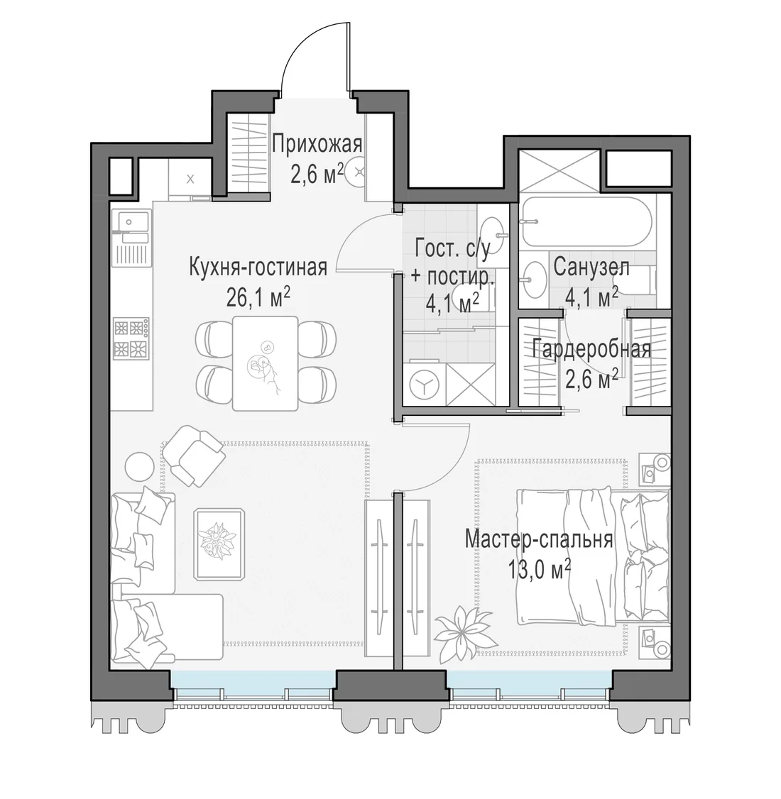 Планировка: Однокомнатная квартира 52 м² в «Тишинский бульвар»