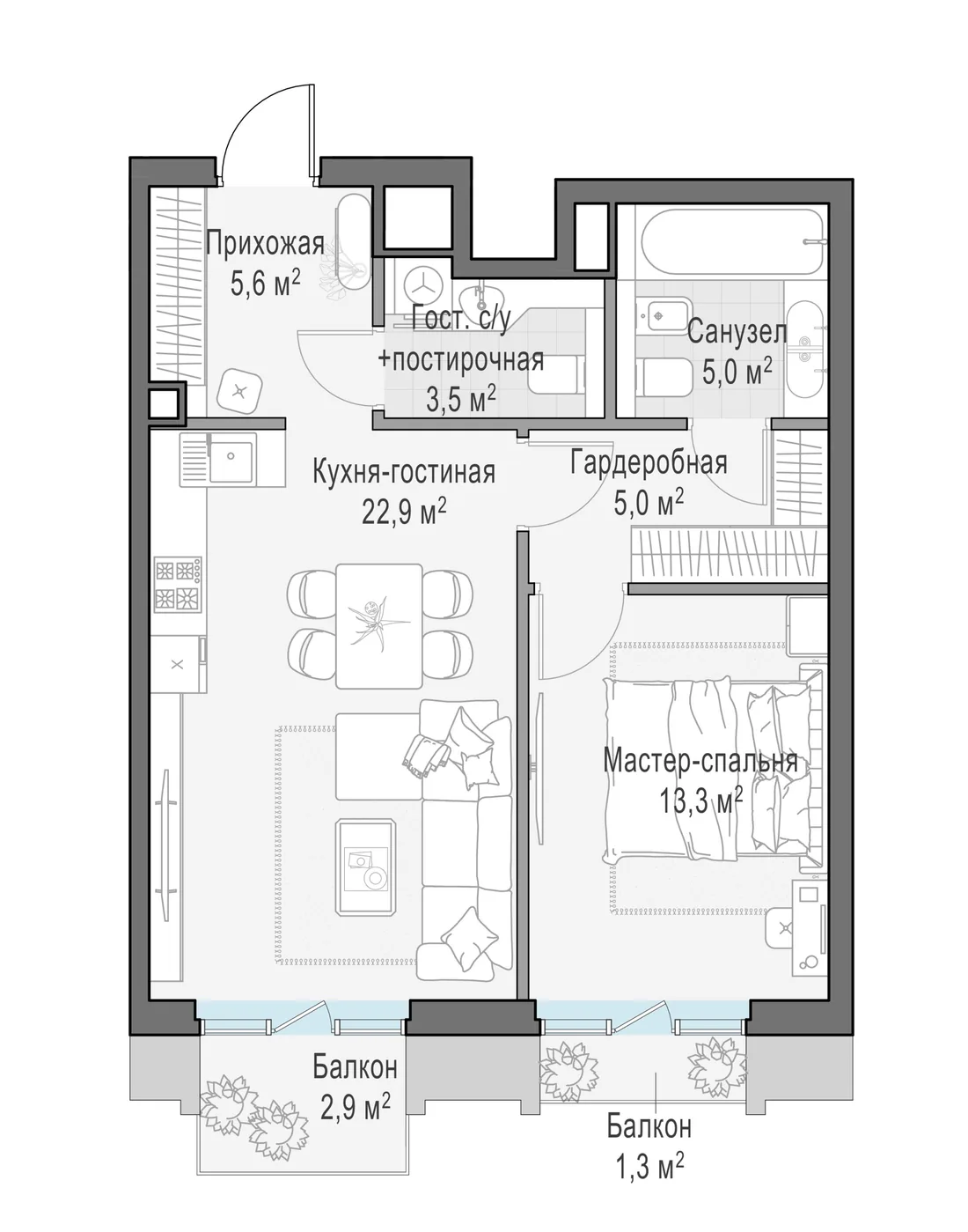 Планировка: Однокомнатная квартира 57 м² в «Тишинский бульвар»