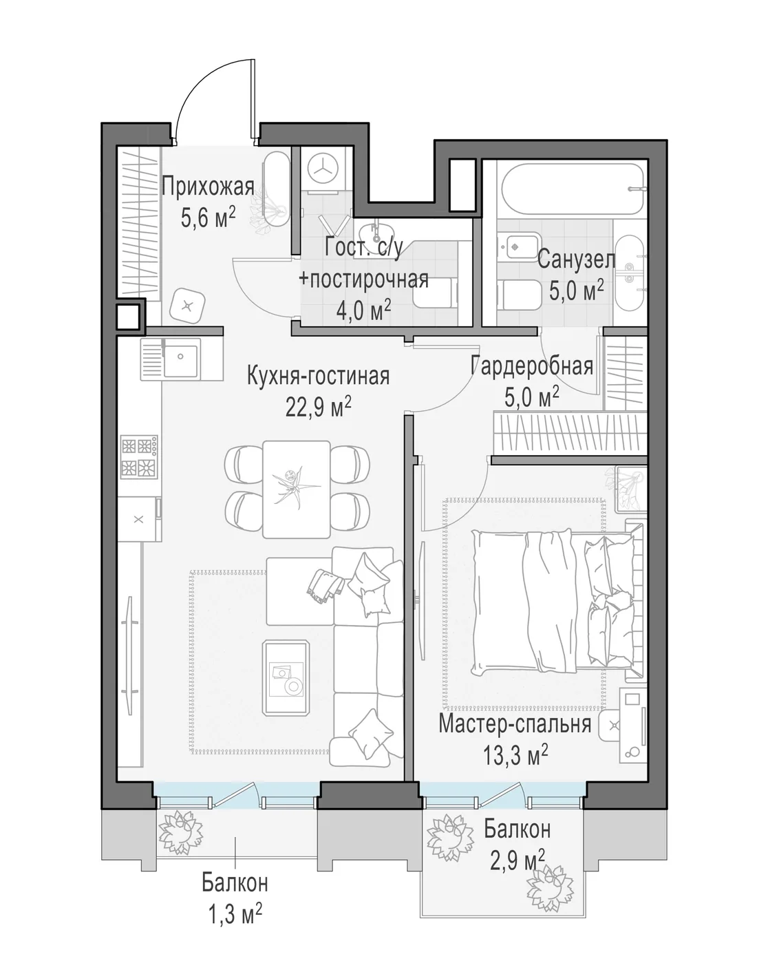 Планировка: Однокомнатная квартира 58 м² в «Тишинский бульвар»