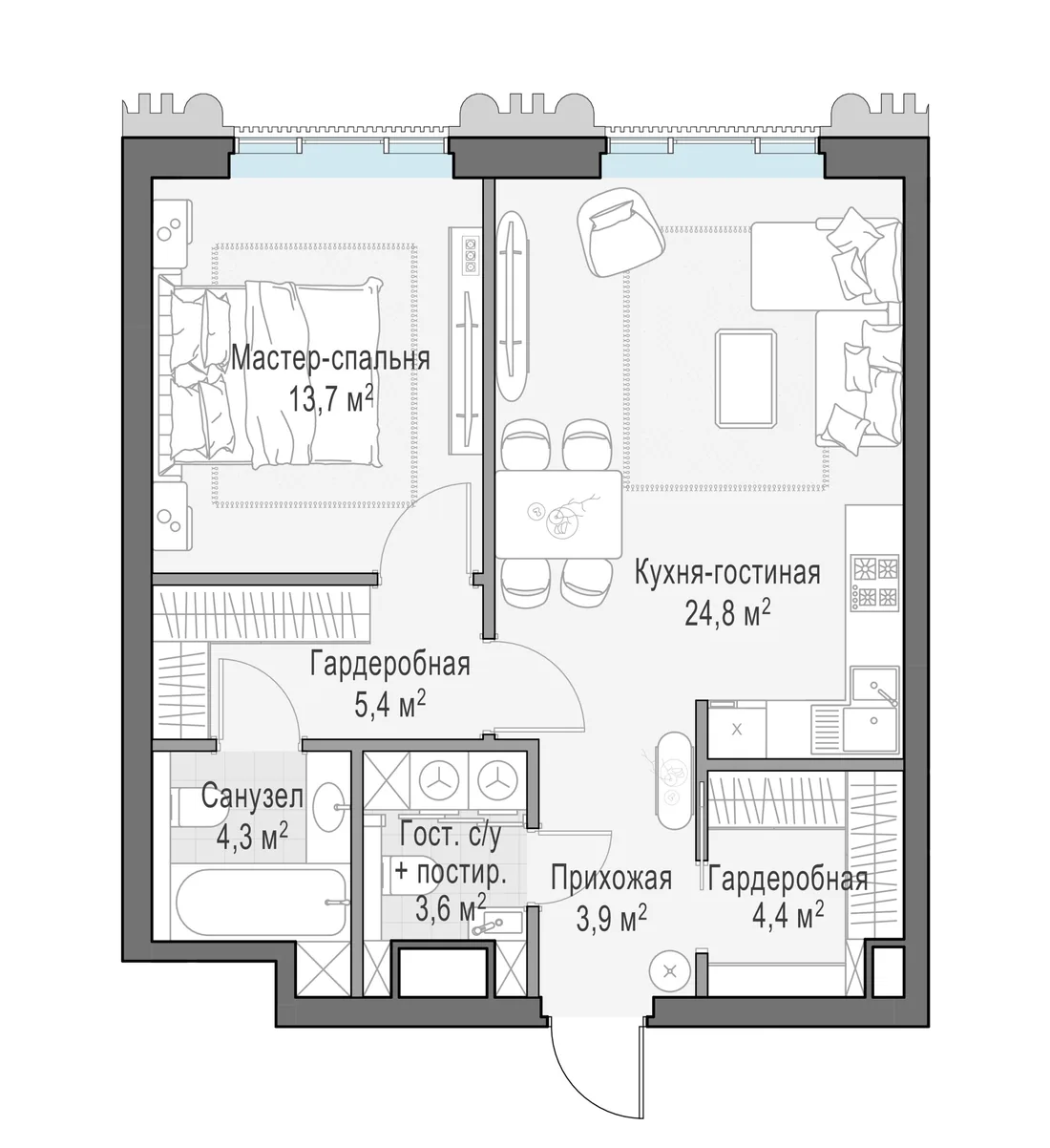 Планировка: Однокомнатная квартира 60 м² в «Тишинский бульвар»