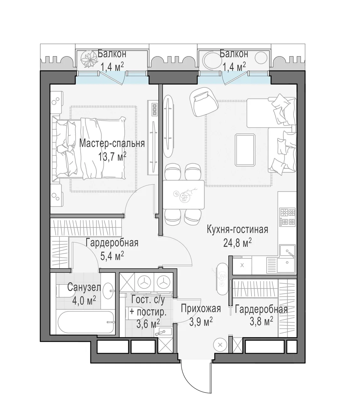 Планировка: Однокомнатная квартира 60 м² в «Тишинский бульвар»