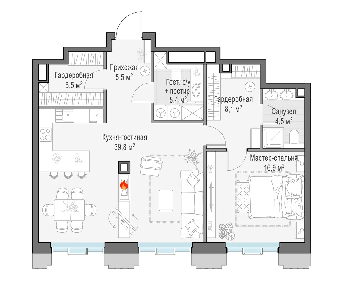 Планировка: Двухкомнатная квартира 85 м² в «Тишинский бульвар»