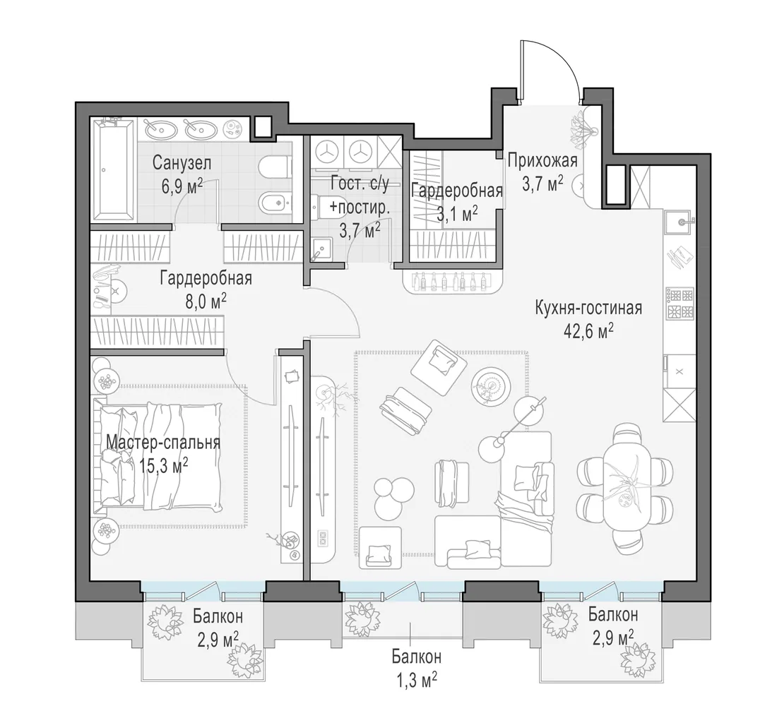 Планировка: Двухкомнатная квартира 86 м² в «Тишинский бульвар»