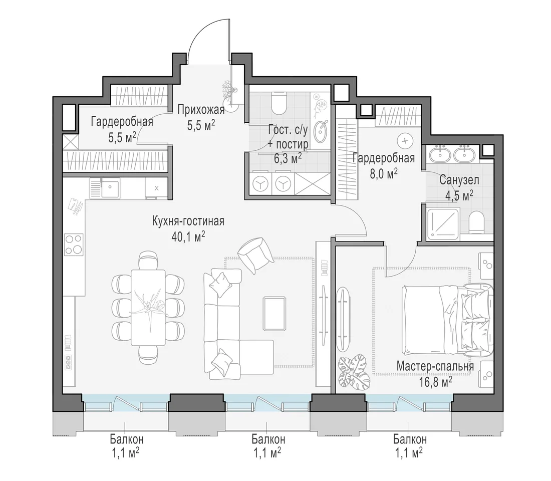 Планировка: Двухкомнатная квартира 87 м² в «Тишинский бульвар»