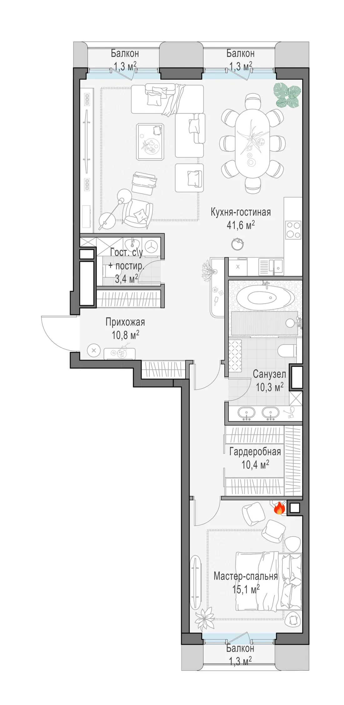 Планировка: Двухкомнатная квартира 91 м² в «Тишинский бульвар»