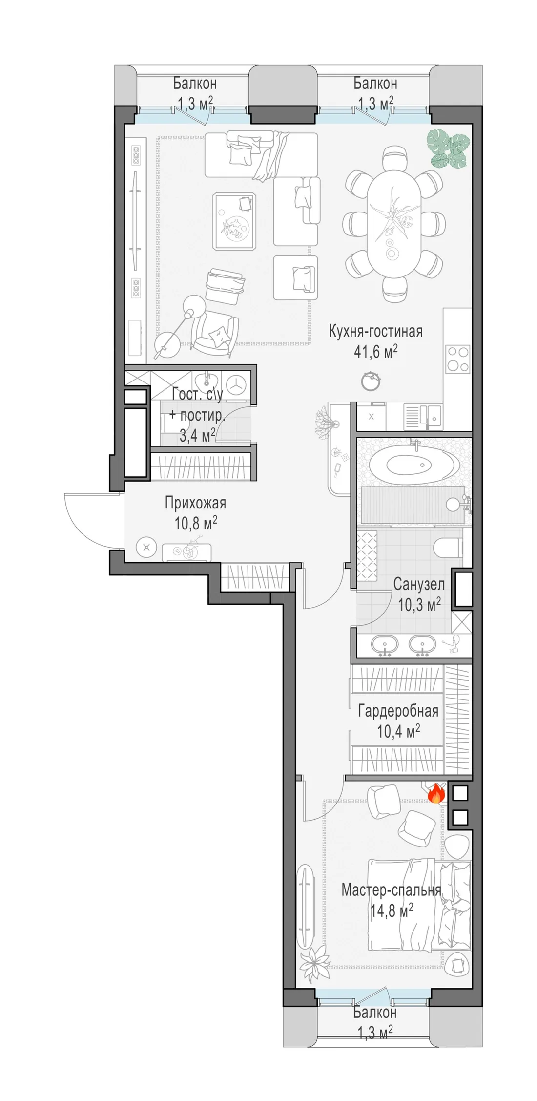 Планировка: Двухкомнатная квартира 91 м² в «Тишинский бульвар»