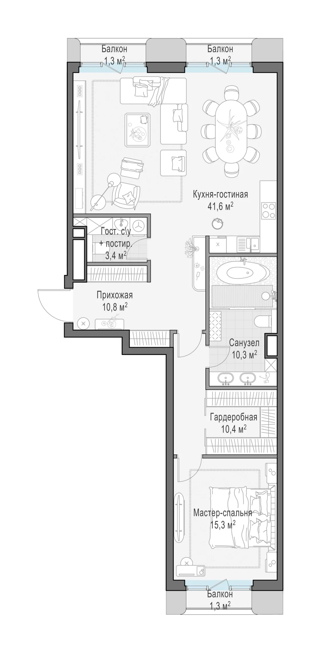 Планировка: Двухкомнатная квартира 92 м² в «Тишинский бульвар»