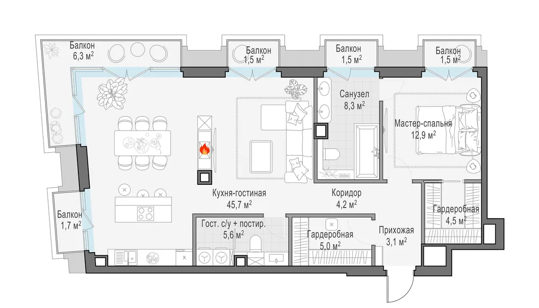 Планировка: Двухкомнатная квартира 94 м² в «Тишинский бульвар»