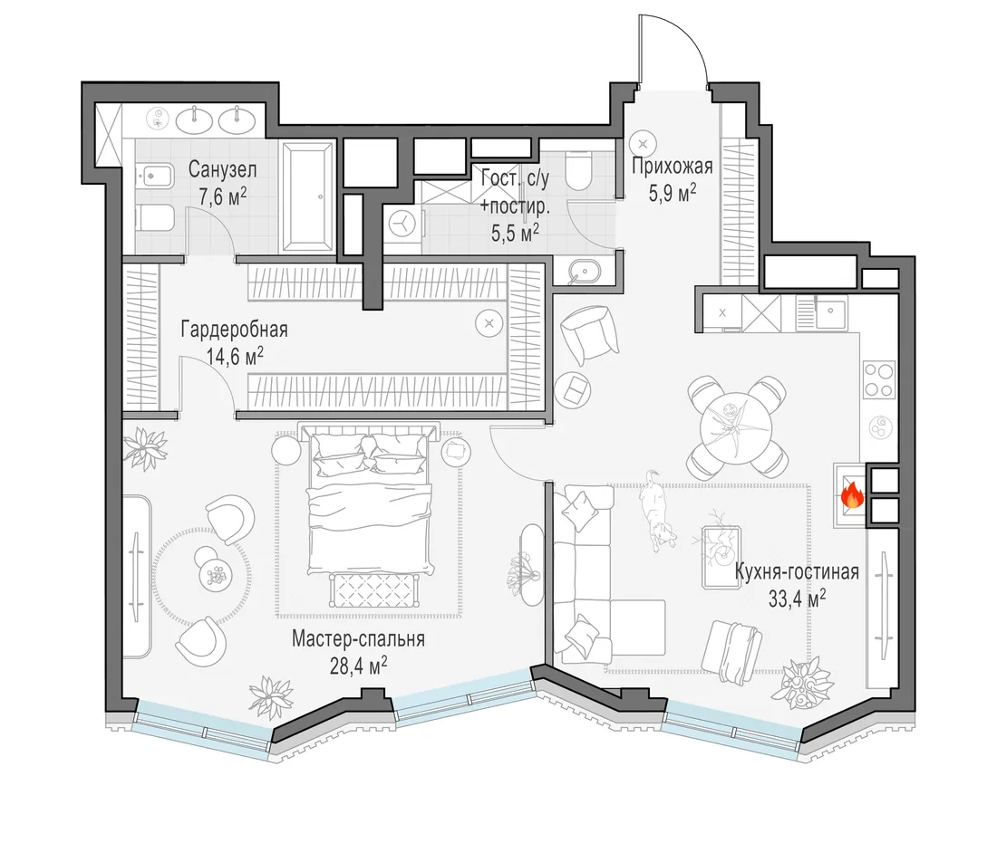 Планировка: Двухкомнатная квартира 95 м² в «Тишинский бульвар»