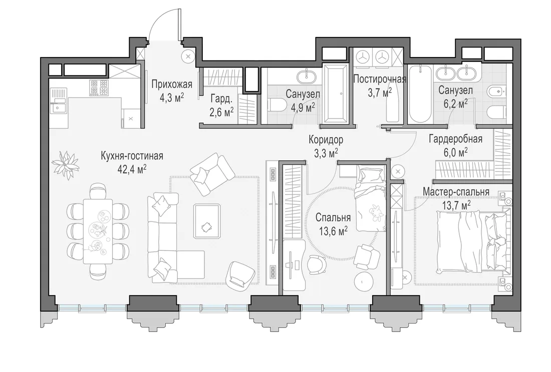 Планировка: Трёхкомнатная квартира 100 м² в «Тишинский бульвар»
